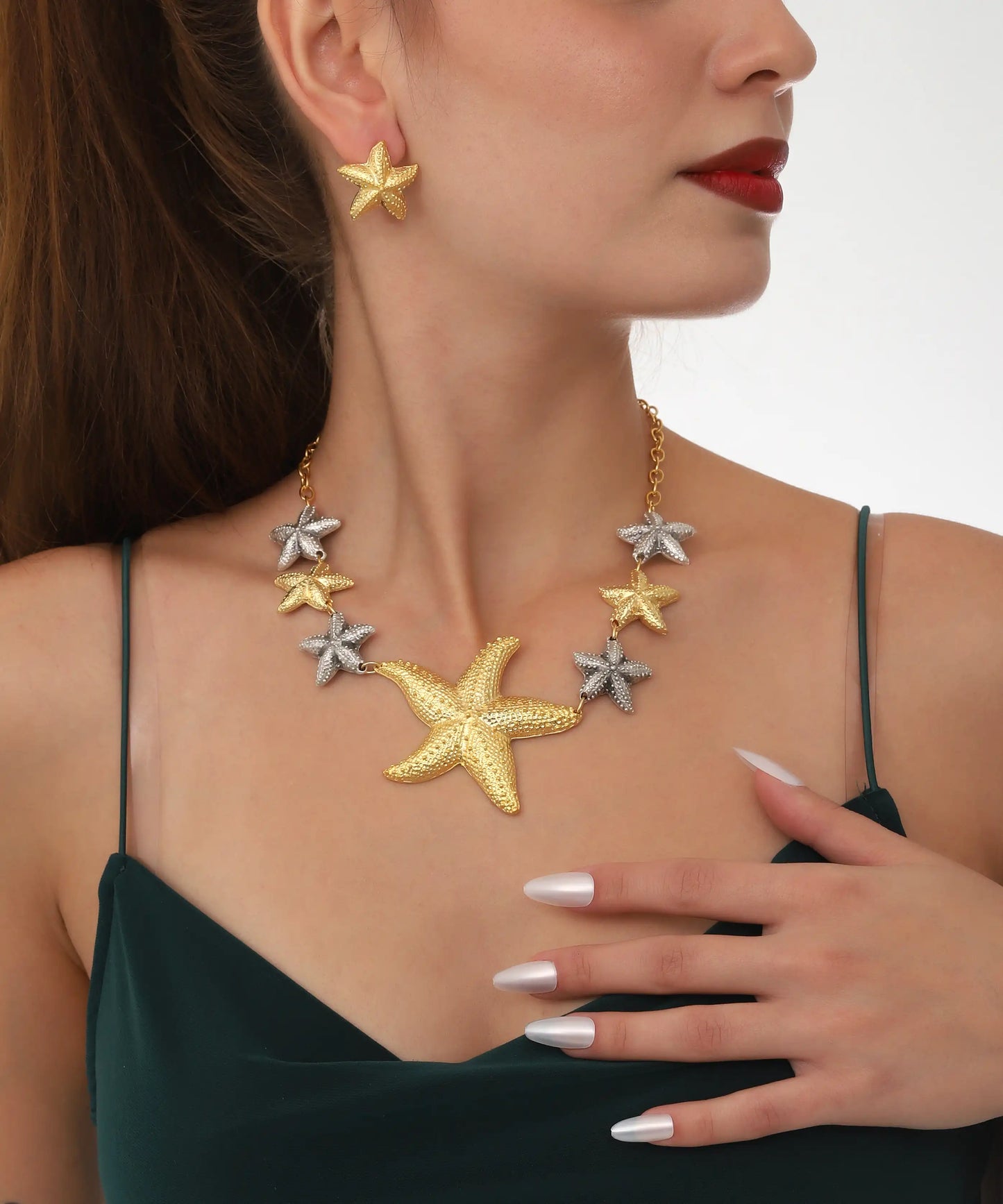 Gold Silver Starfish Statement Necklace Earring Set