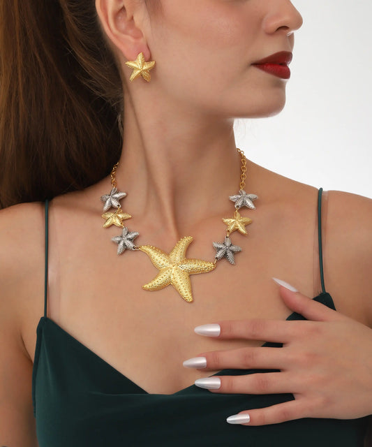 Gold Silver Starfish Statement Necklace Earring Set