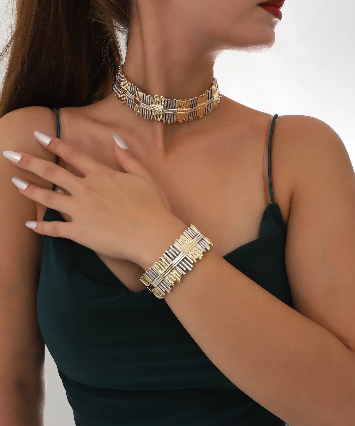 Gold Silver Geometric Choker Bracelet Set