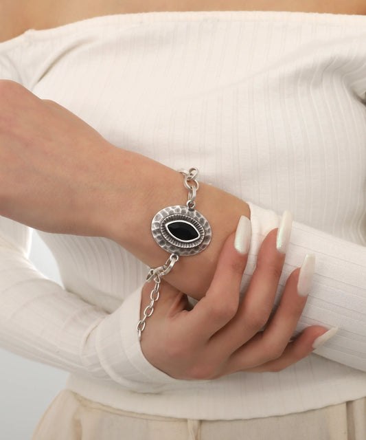 Black Marquise Stone Hammered Silver Bracelet