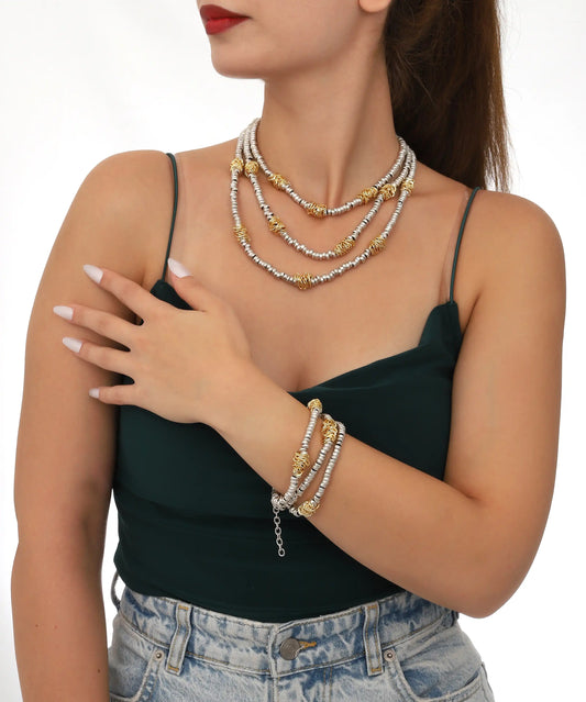 Silver Gold Beaded Layered Necklace Bracelet Set