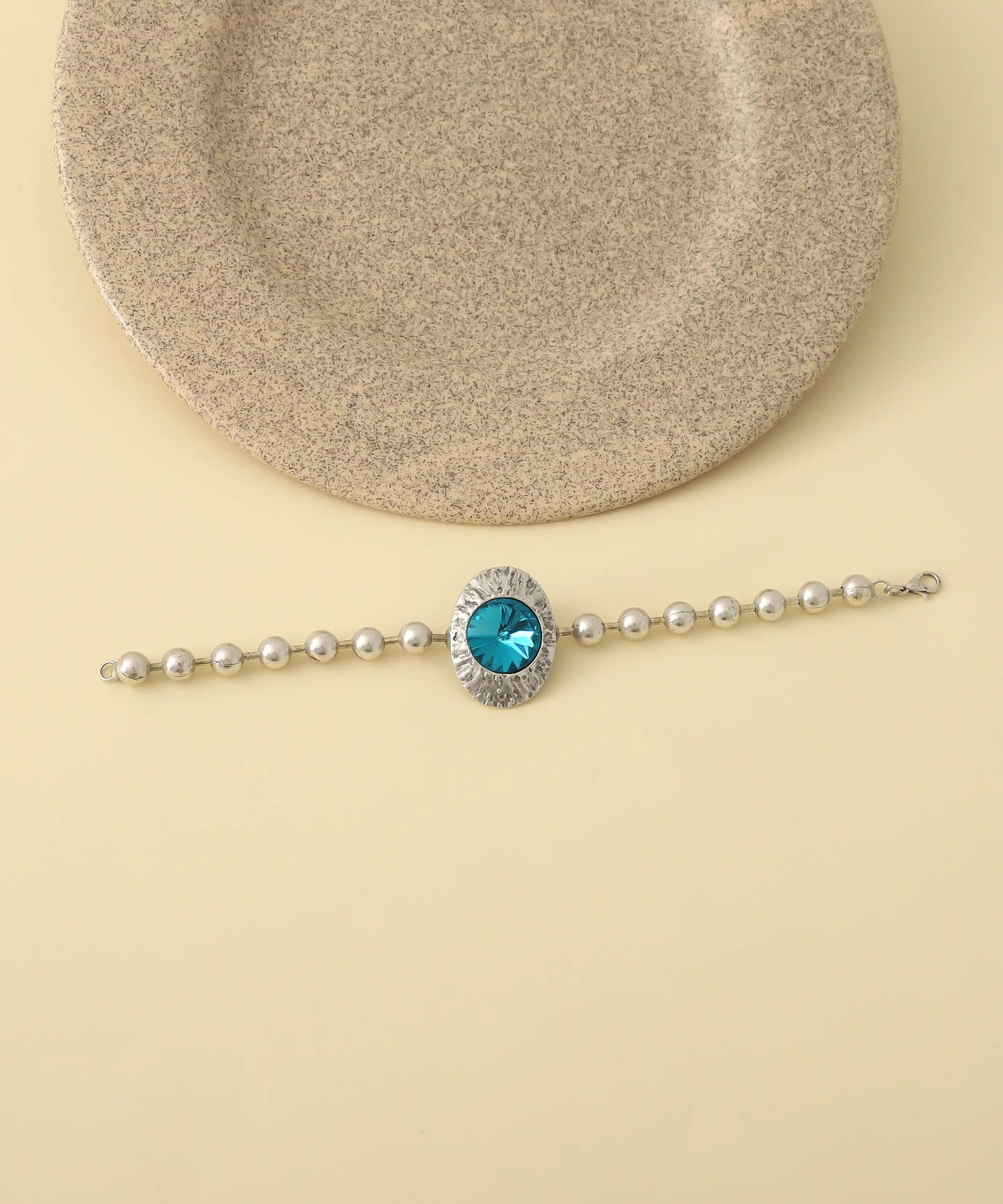 Silver Beaded Blue Round Stone Bracelet