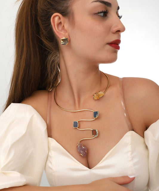 Abstract Gold Stone Collar Necklace Earring Set