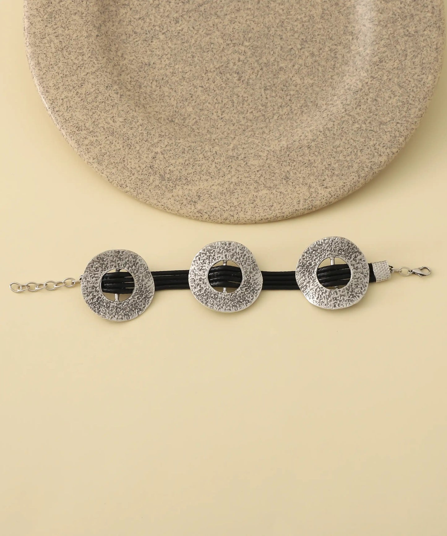 Silver Triple Textured Circle Black Cord Bracelet