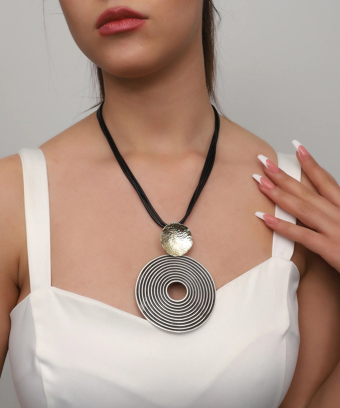 Gold Silver Spiral Disc Pendant Black Cord Necklace