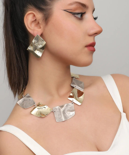 Gold Silver Geometric Necklace & Earring Set