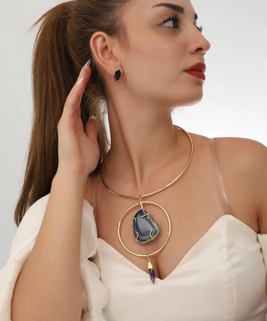 Gold Hoop Stone Pendant Collar Earring Set