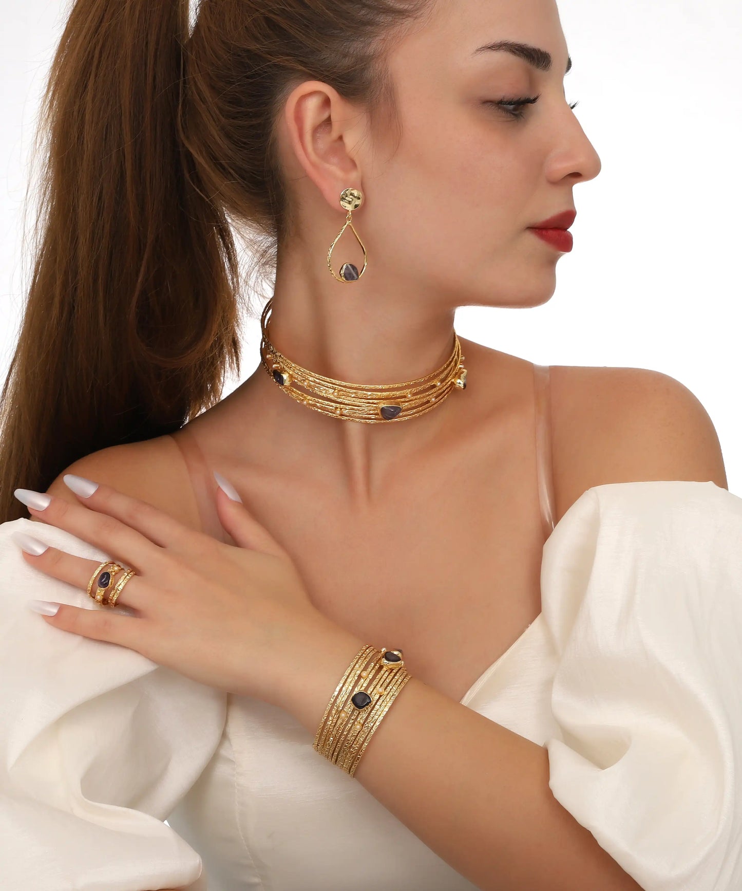 Gold Black Stone Choker Bracelet Ring Earring Set