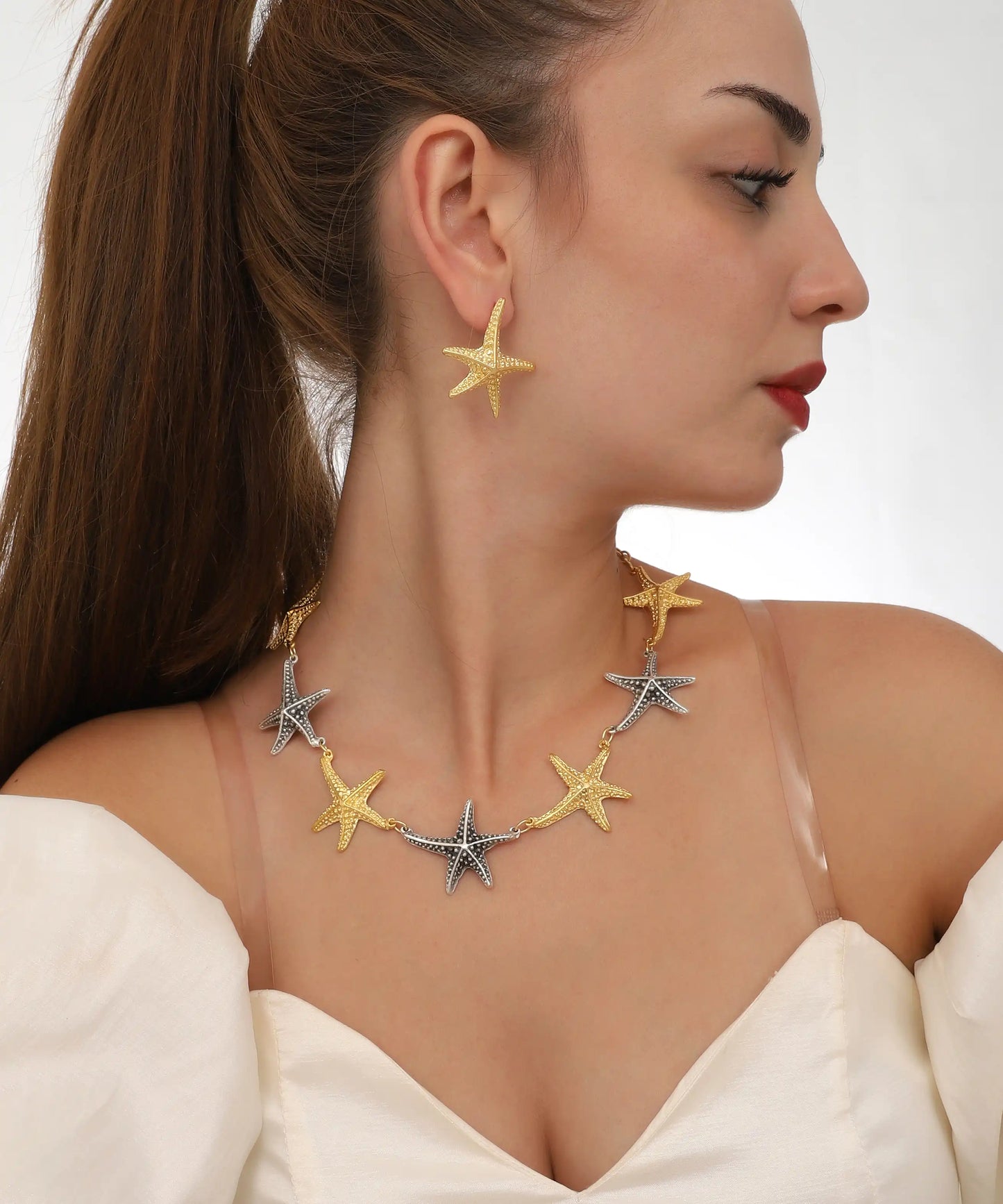 Gold Silver Starfish Necklace Earring Set