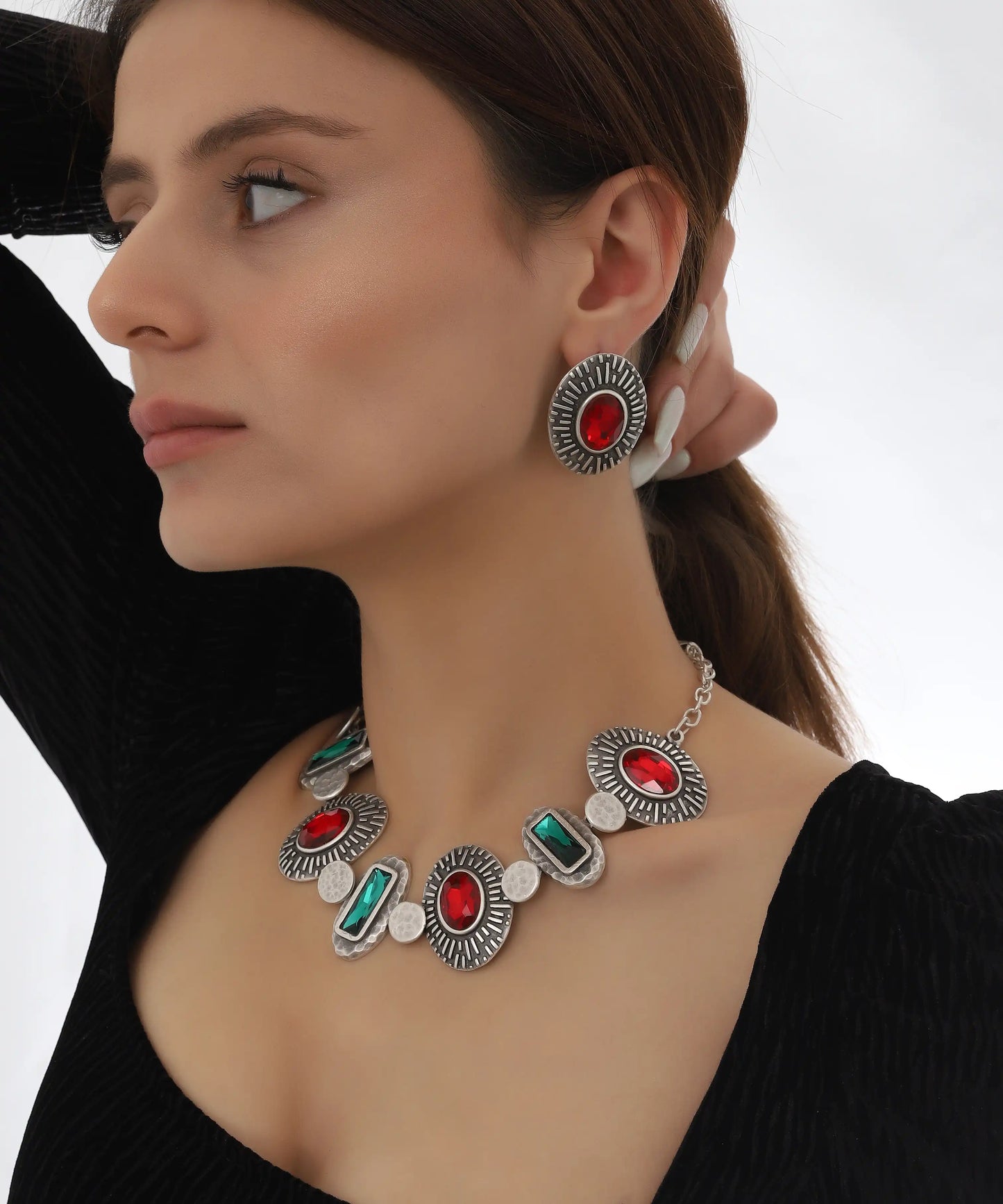 Vintage Red Green Statement Necklace Earring Set