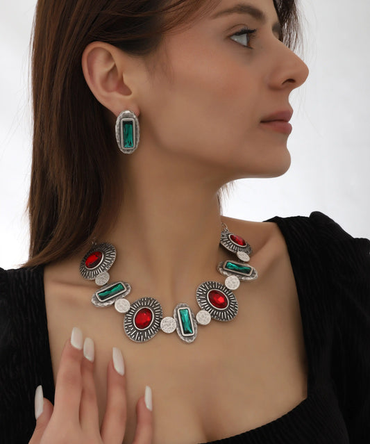 Oxidized Red Green Art Deco Necklace Earring Set
