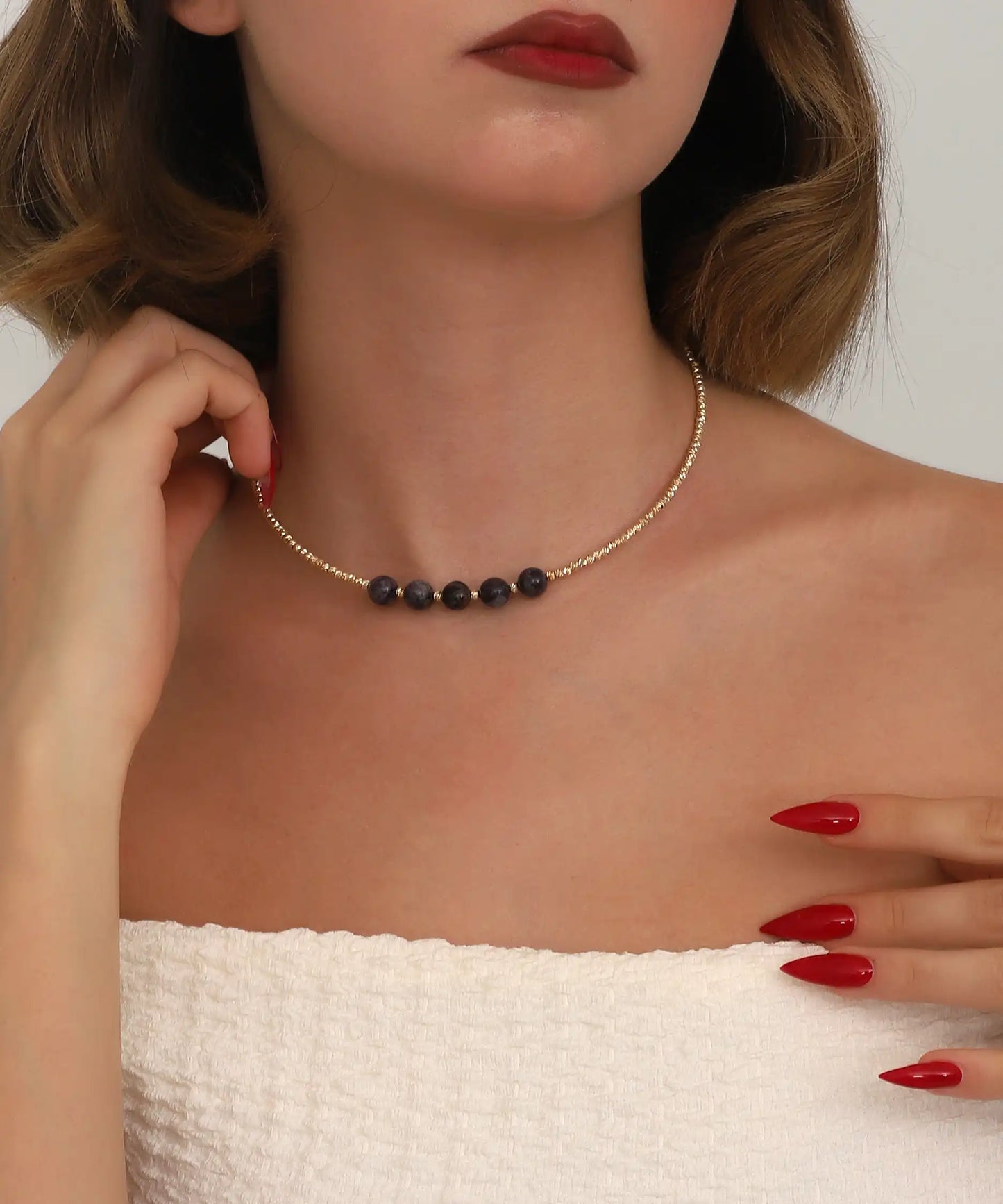 Gold Black Bead Minimal Choker Necklace