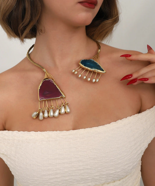Asymmetric Stone Pearl Statement Necklace