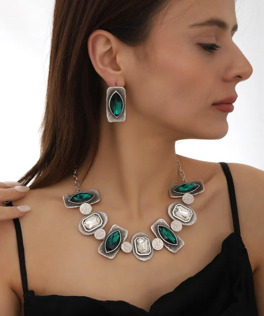 Emerald Crystal Vintage Necklace Earring Set