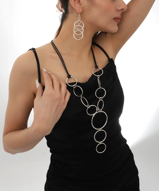 Modern Silver Circle Necklace Earring Set