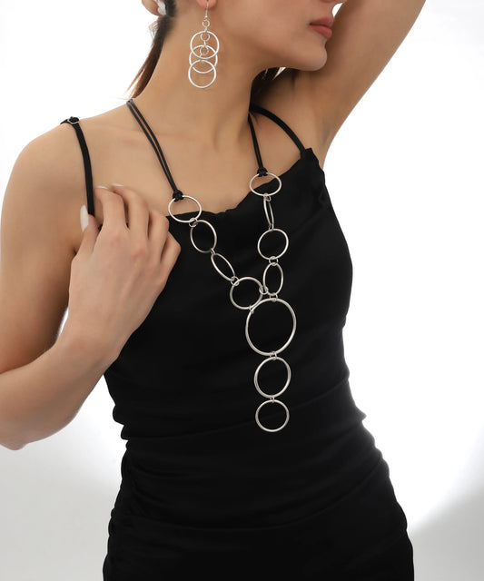 Sleek Silver Circle Cascade Necklace Earring Set