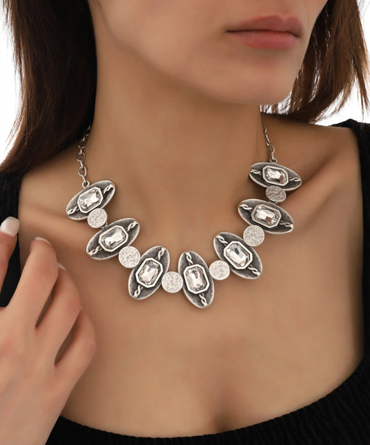 Clear Stone Silver Statement Necklace