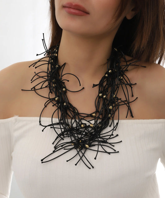 Black Fringe Beaded Statement Necklace