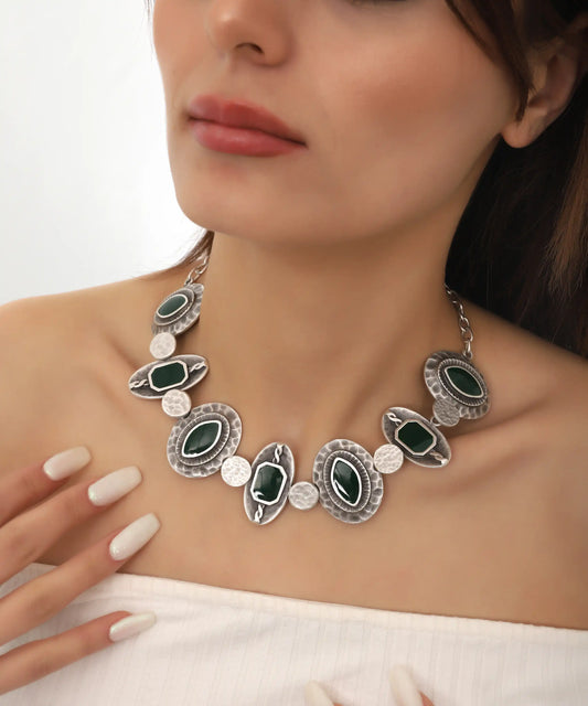 Vintage Green Stone Oxidized Statement Necklace