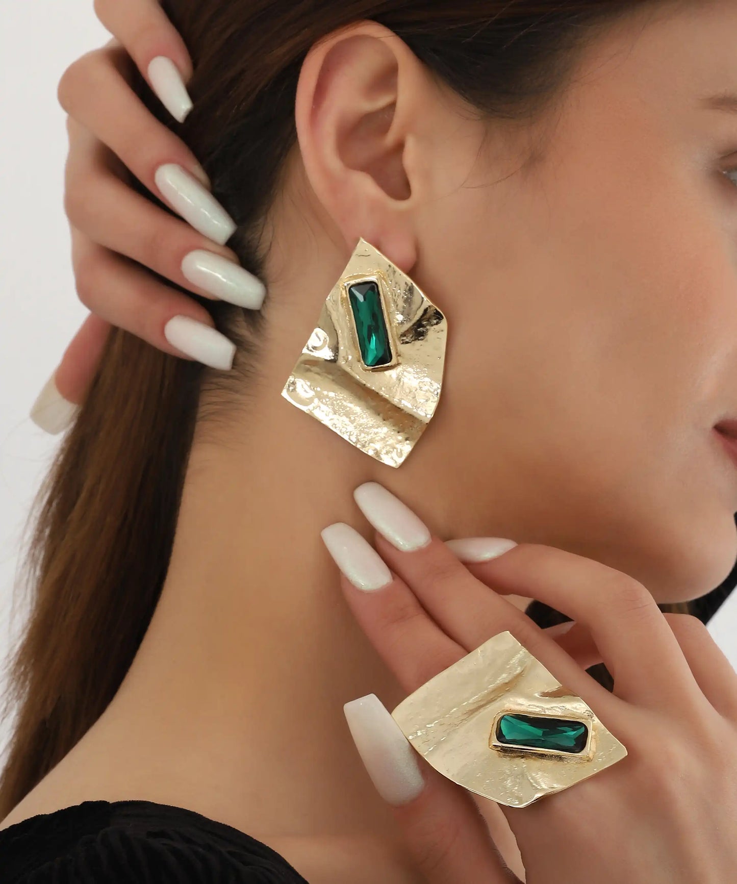 Hammered Gold Emerald Earring Ring Set