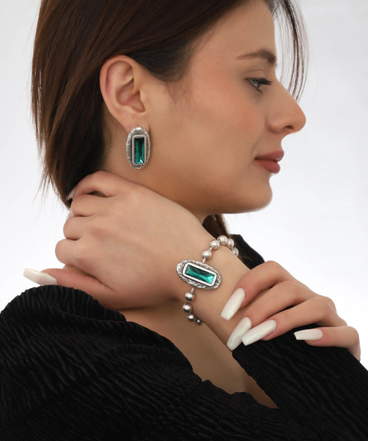 Emerald Rectangle Silver Earring Bracelet Set