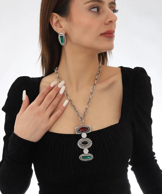 Multicolor Gem Drop Silver Chain Necklace Set