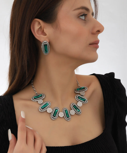 Emerald Bar Silver Statement Necklace Set