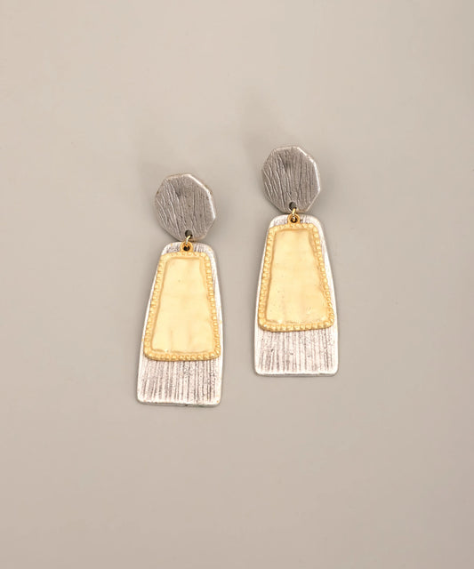 Two Tone Textured Rectangle Layered Drop Earrings