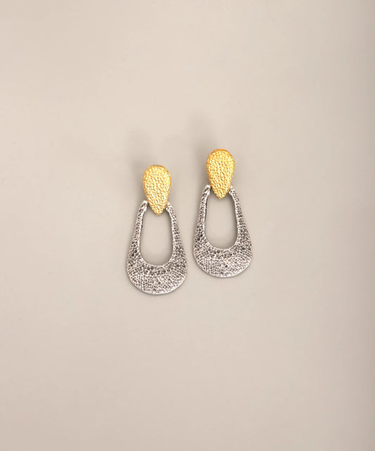 Two Tone Textured Oval Cutout Drop Earrings