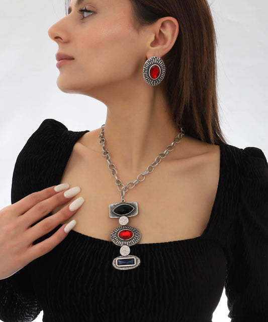 Ruby Midnight Drop Silver Chain Necklace Set