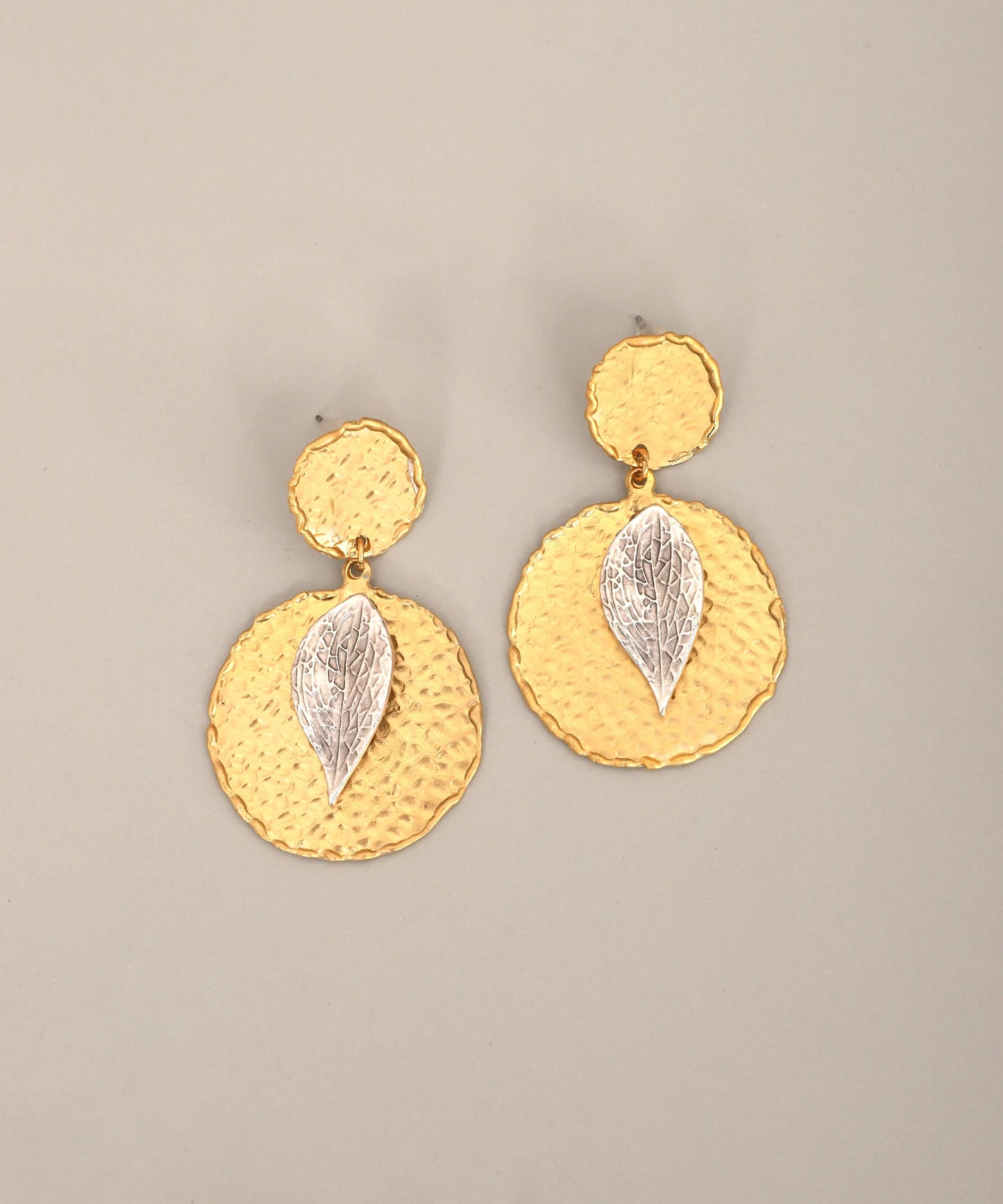 Gold Hammered Disc Leaf Accent Drop Earrings