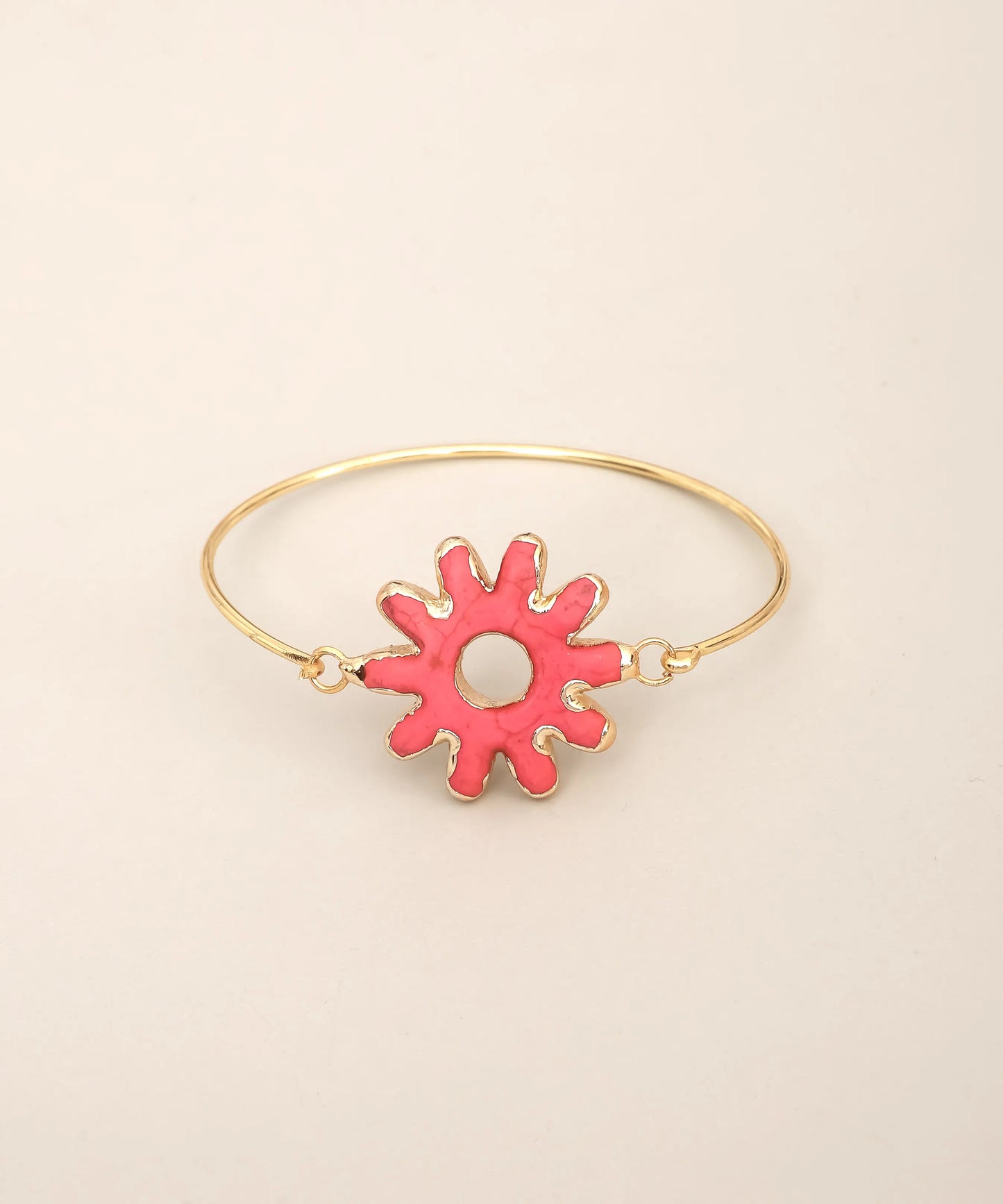 Gold Pink Coral Flower Bangle Bracelet