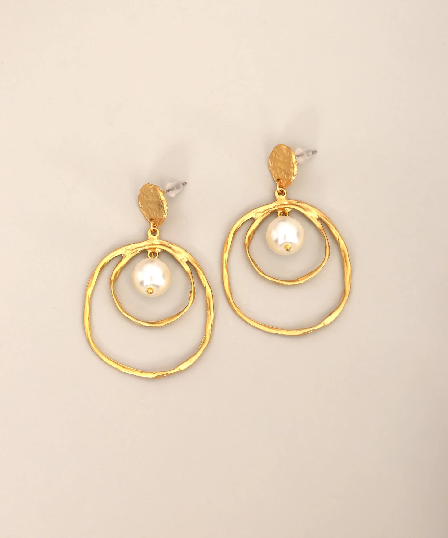 Gold Pearl Nested Circle Drop Earrings