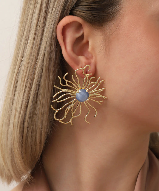 Gold Plated Blue Stone Flower Earrings