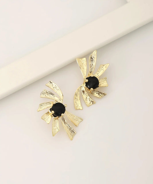 Gold Plated Black Stone Flower Earrings