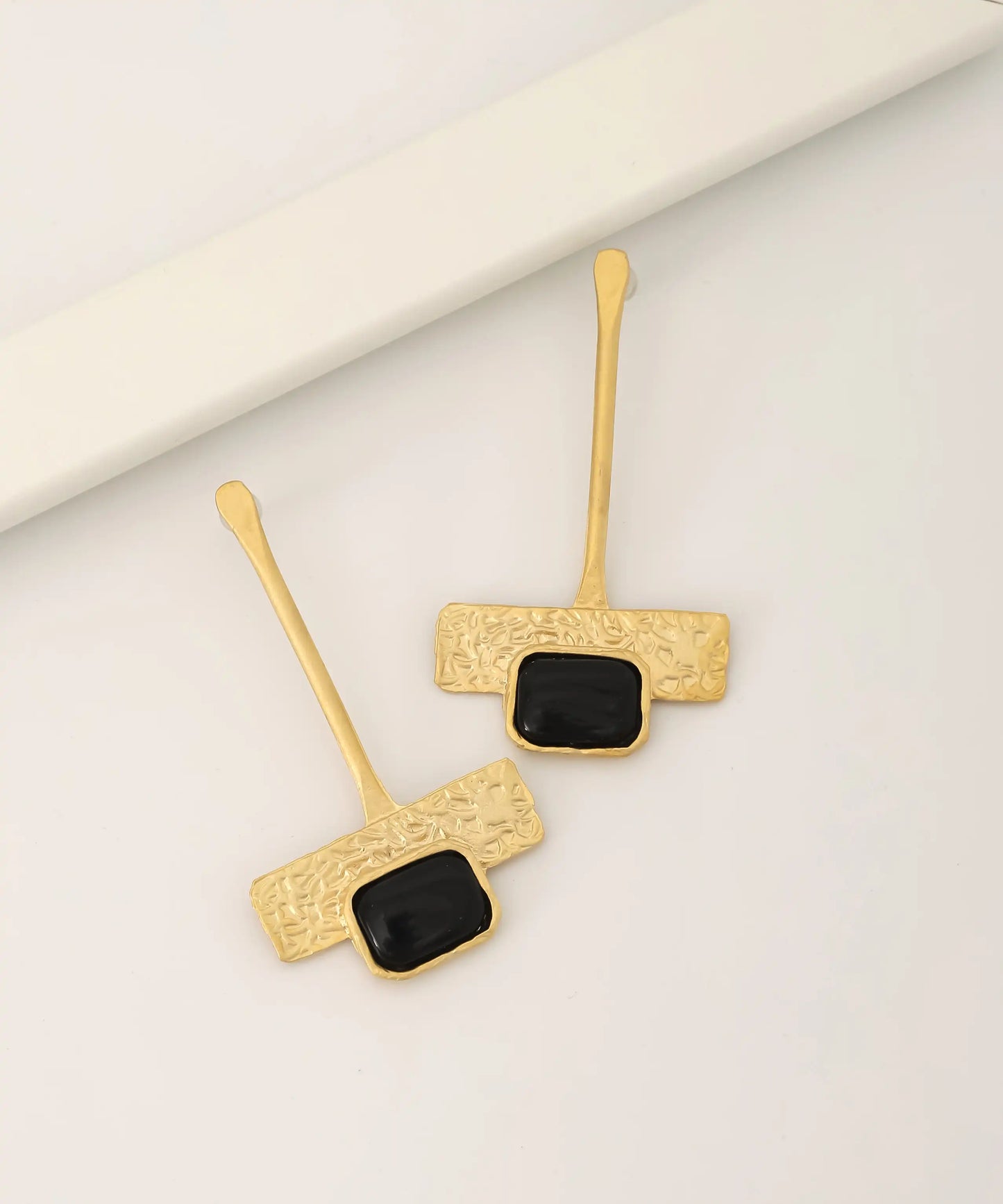 Gold Plated Black Stone Long Earrings