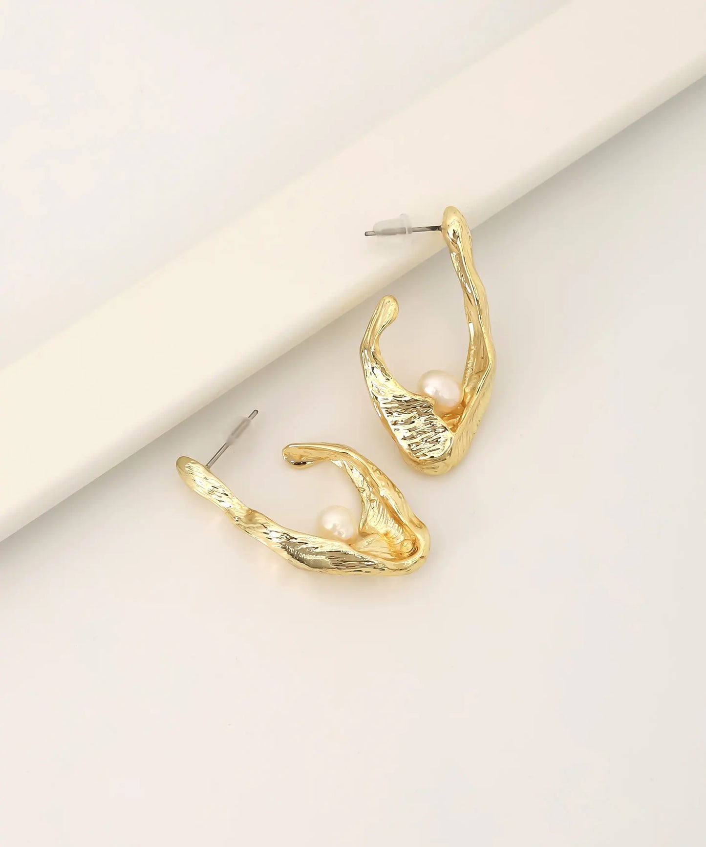 Gold Plated Hammered Pearl Earrings