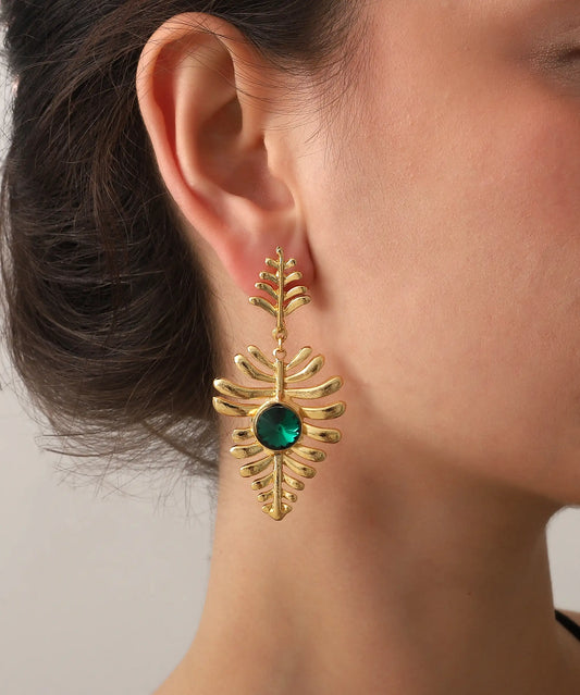 Gold Plated Green Stone Leaf Earrings