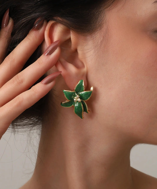 Gold Plated Green Flower Earrings