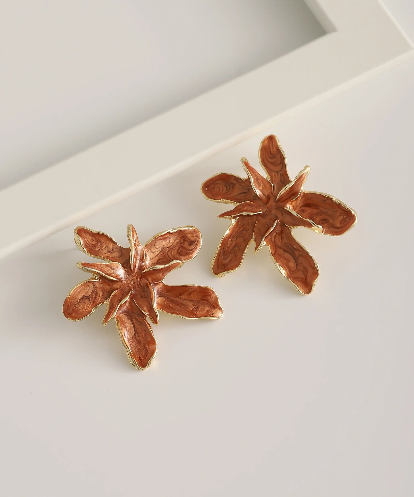 Gold Plated Brown Flower Earrings