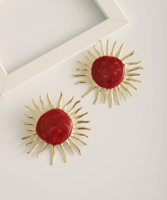 Gold Plated Red Sun Earrings