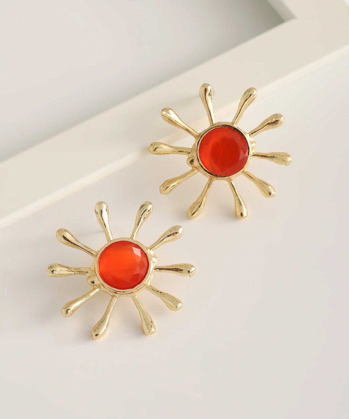 Gold Plated Orange Stone Flower Earrings