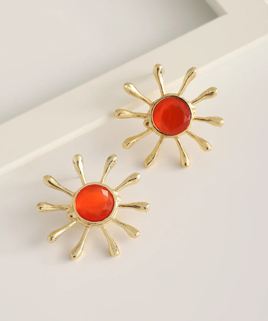 Gold Plated Orange Stone Flower Earrings