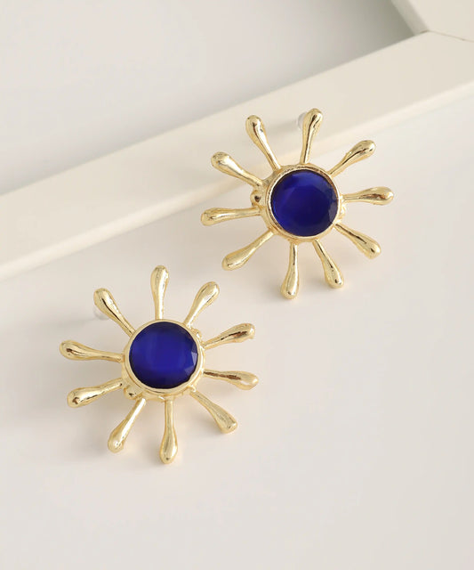Gold Plated Blue Stone Flower Earrings