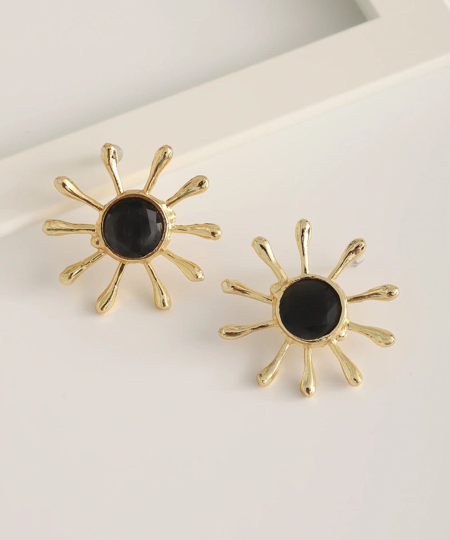 Gold Plated Black Stone Flower Earrings