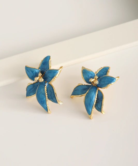 Gold Plated Blue Flower Earrings