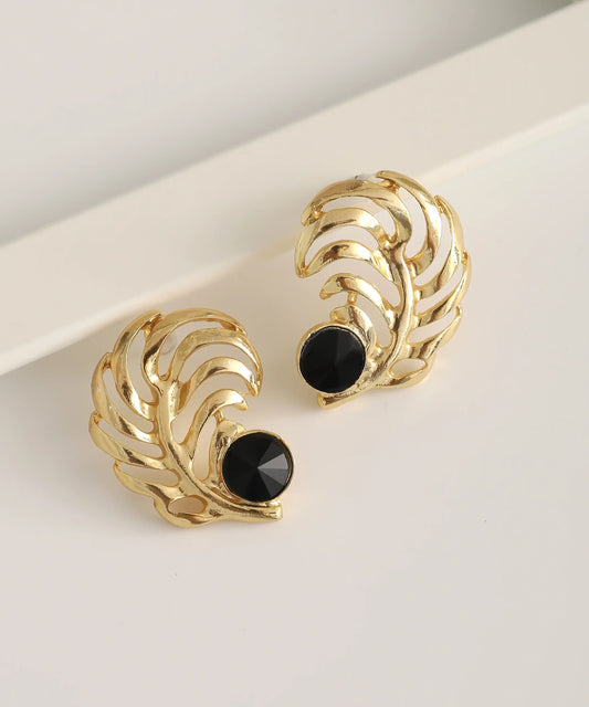 Gold Plated Black Stone Feather Earrings