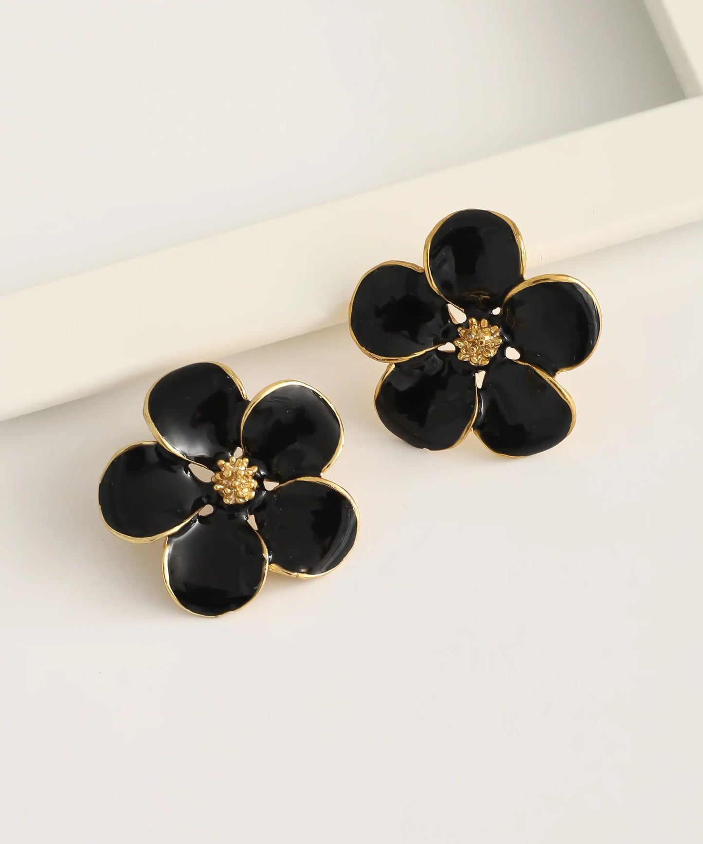 Gold Plated Black Flower Earrings