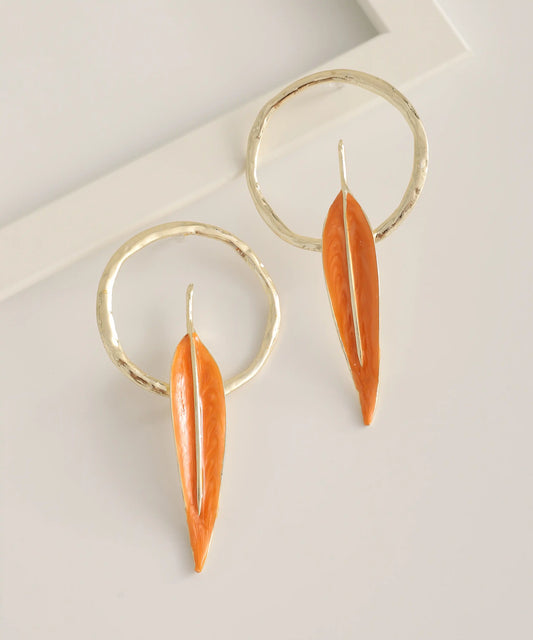 Gold Plated Orange Feather Earrings