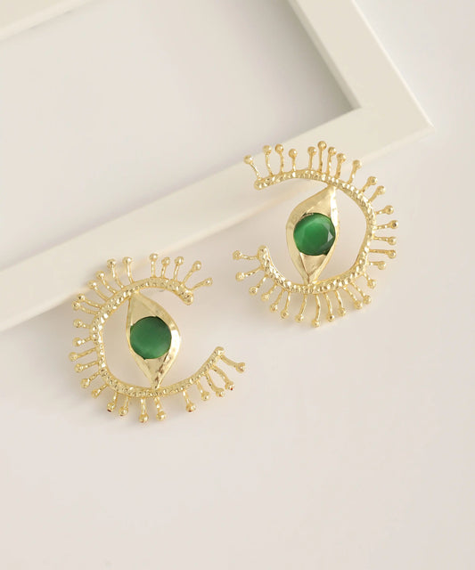 Gold Plated Green Circle Eye Earrings